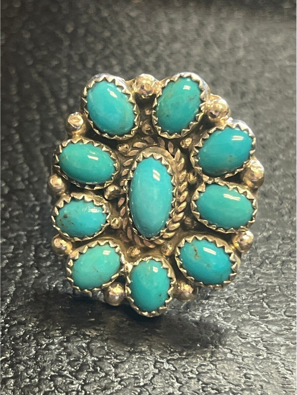 Navajo handmade cluster turquoise sterling silver inlay ring size 8.25 natural